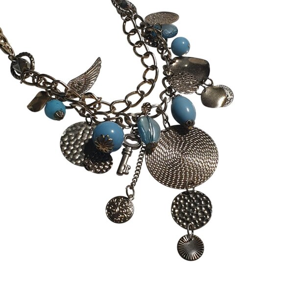 Erica Lyons Necklace Blue Beads Textured Discs Key Charm Chain Adjustable Gift - Picture 6 of 6